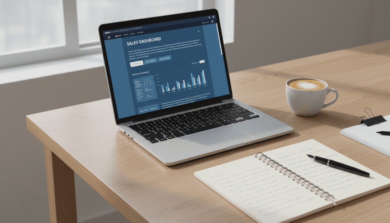A laptop and notebook on a desk with coffee, showing an Amazon seller dashboard on screen
