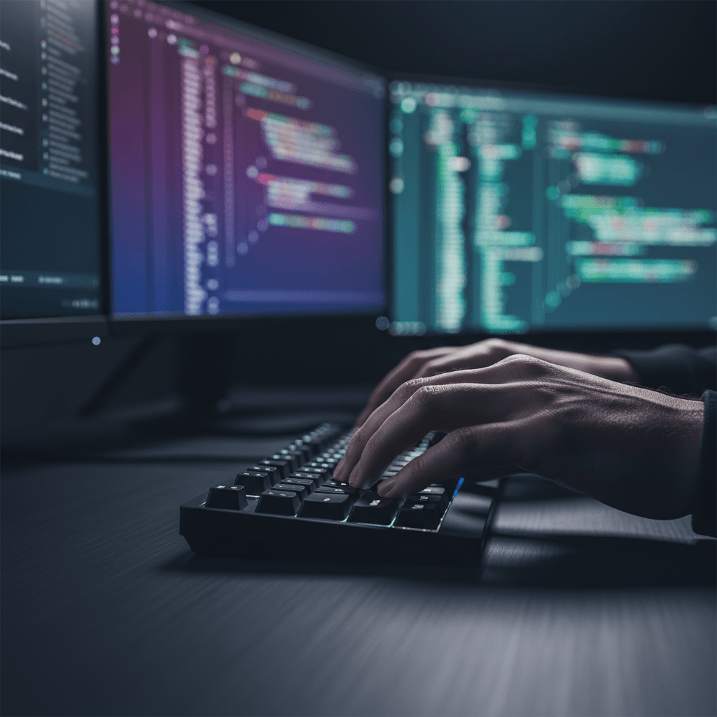 Hands typing on keyboard with Amazon listing page on monitor
