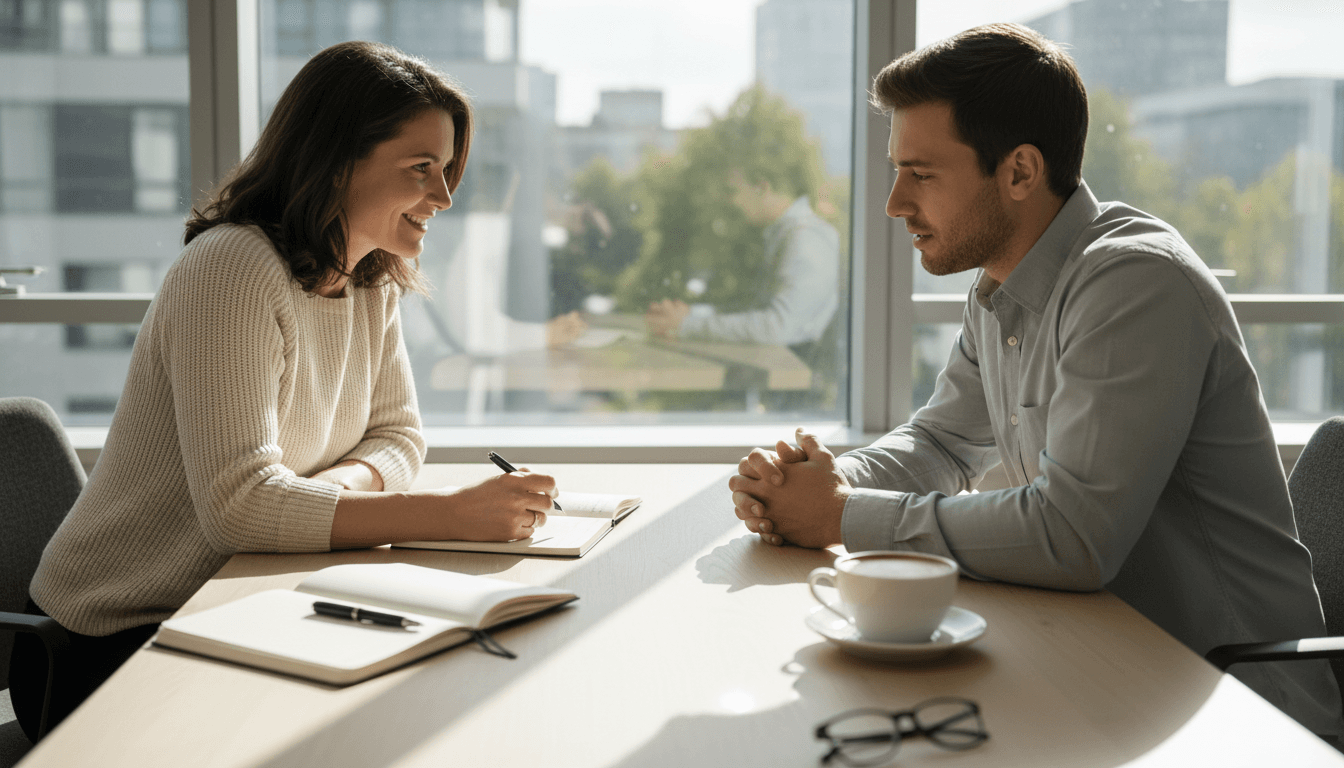 Mentor and client reviewing Amazon seller setup documents at a desk in a London office.