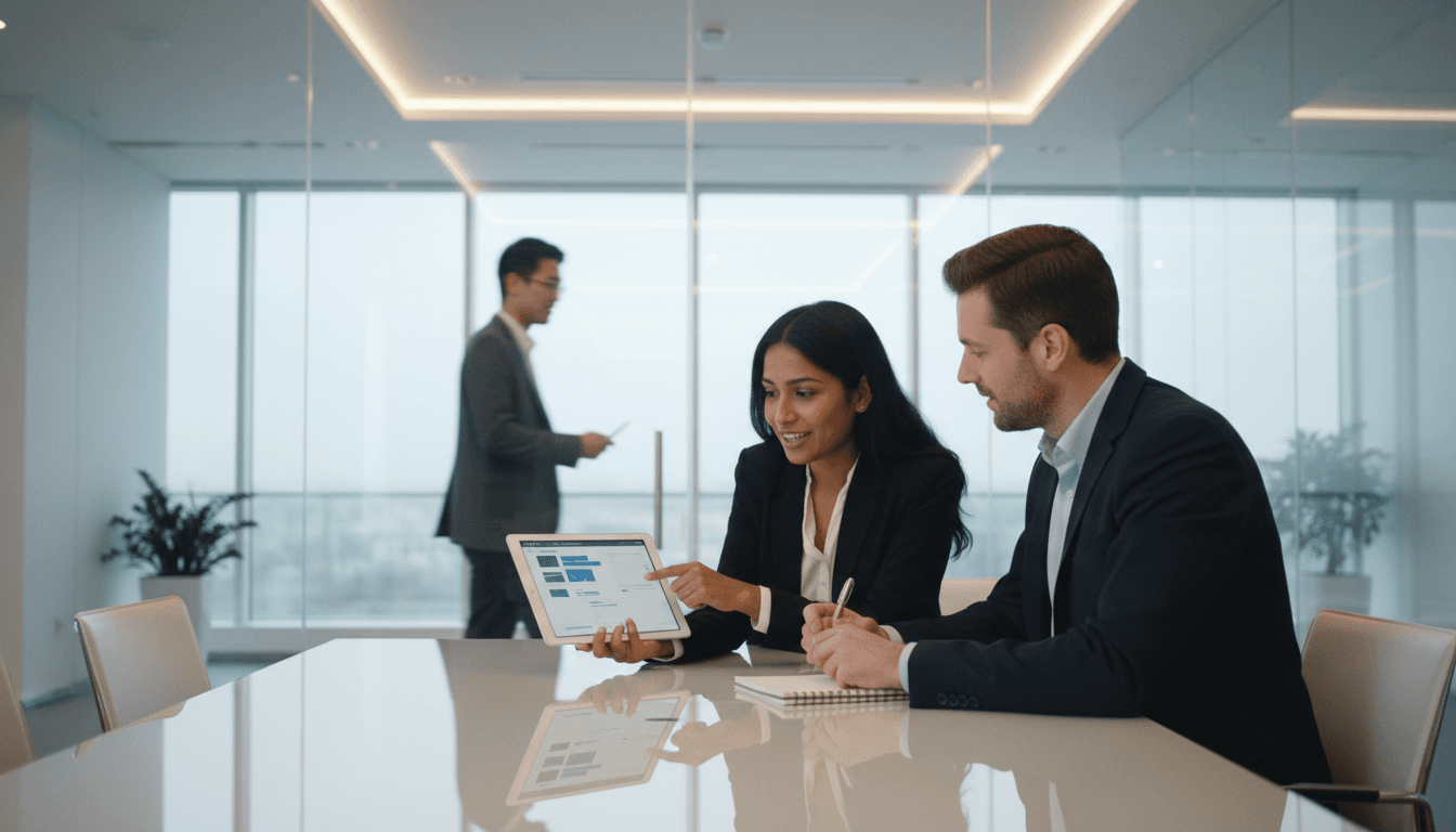 Two people in a mentoring session with one explaining on a tablet