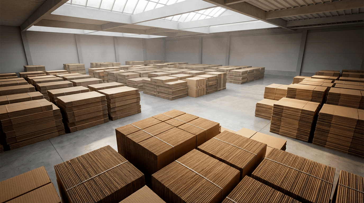 Cardboard boxes in a warehouse with shipping supplies