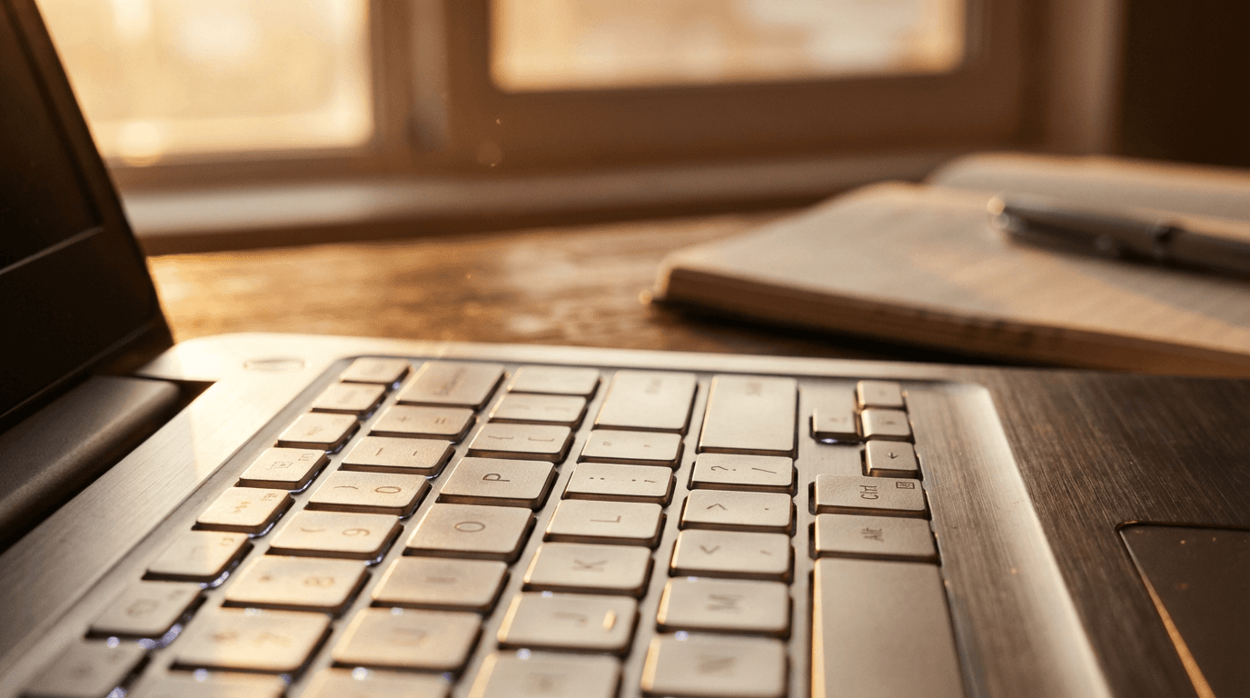Laptop on a desk showing an Amazon seller account dashboard with a notebook and pen beside it