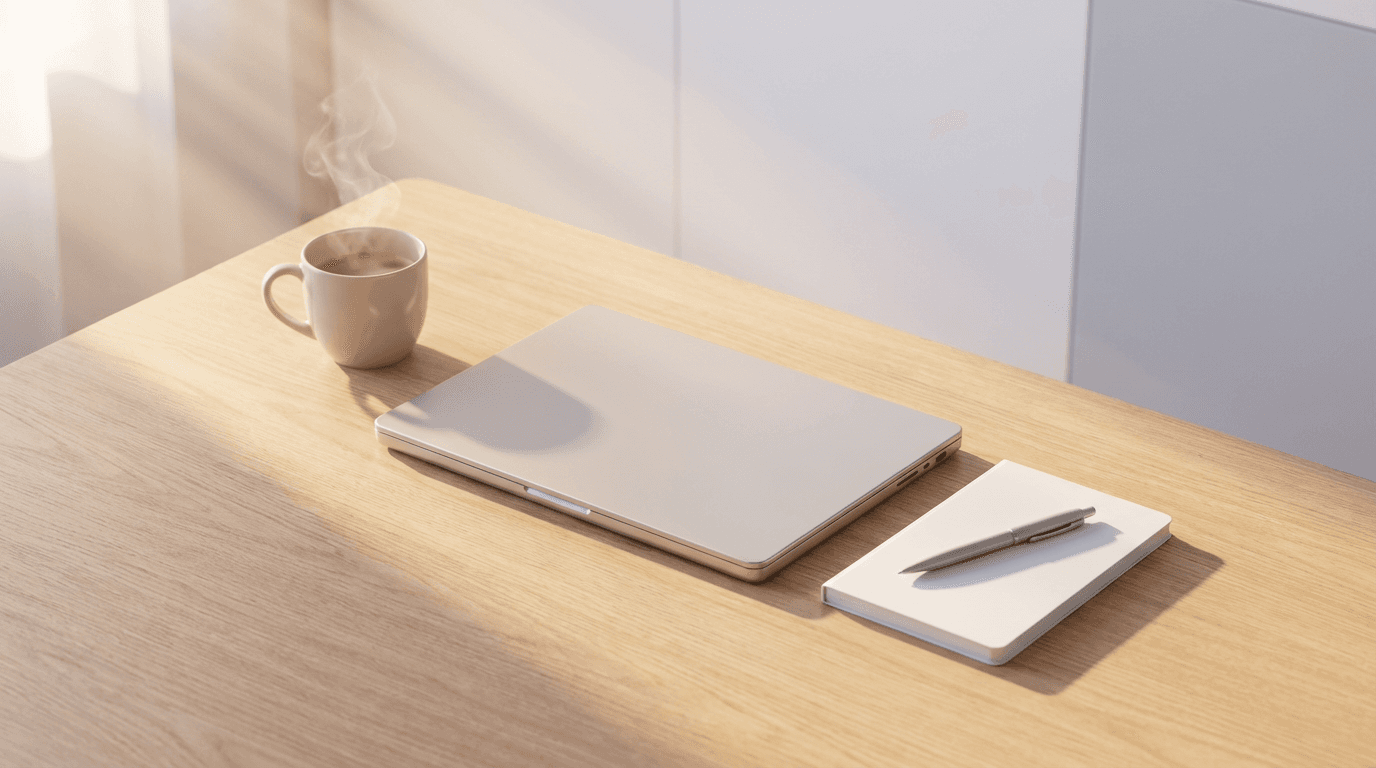 Notebook and pen on a desk beside a laptop screen showing an Amazon seller dashboard