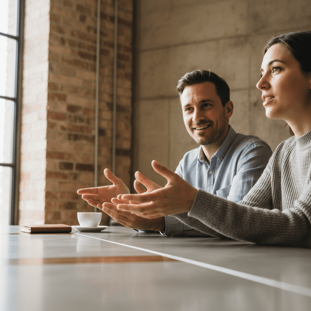 Two people having a mentoring conversation at a table, one taking notes